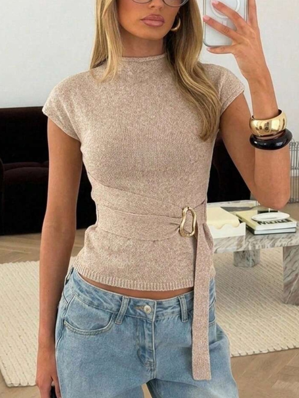 Aloruh Women's Elegant Commuter Mock Neck Metal Buckle Decor, Minimalist Top